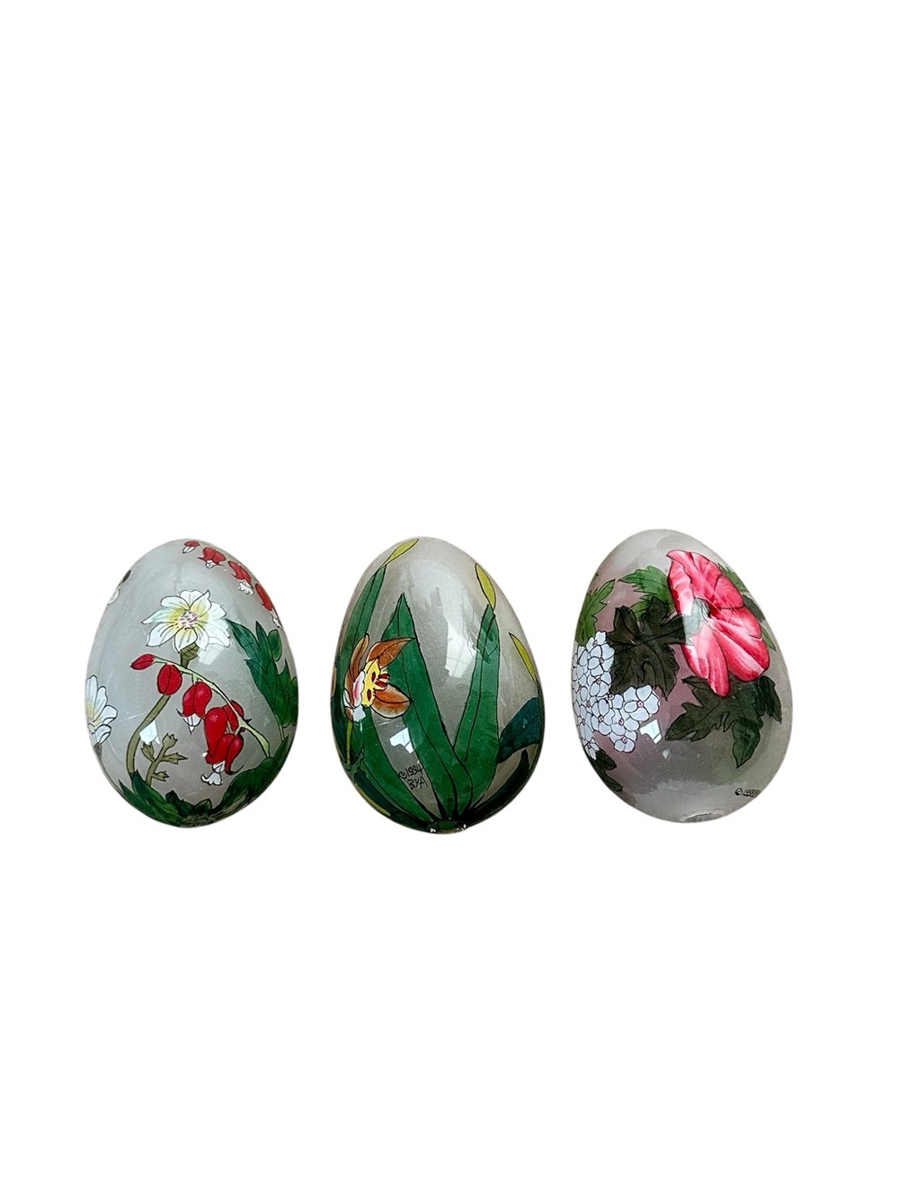 Vintage Chinese Reverse Hand Painted Glass Eggs (3) Biya Bill Yee Floral Design